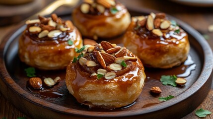 Fototapeta premium Warm apple almond pastries with a crispy top, topped with toasted almond slices and caramel generative ai