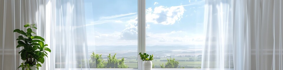 White window with sheer curtains, , indoor plant, sky and landscape view, bright light, modern...