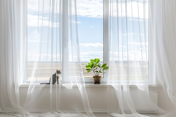 White window with sheer curtains, cat on sill, indoor plant in pot, sky and landscape view, bright modern living room.
