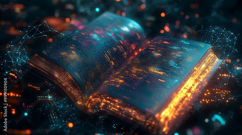 Poster Glowing Digital Book Surrounded by Swirling Machine Learning Models and Data Points