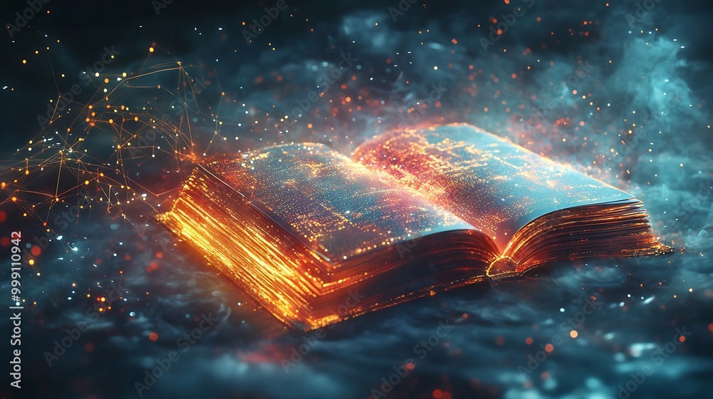 Poster Glowing Digital Book Surrounded by Swirling Machine Learning Models and Data Points