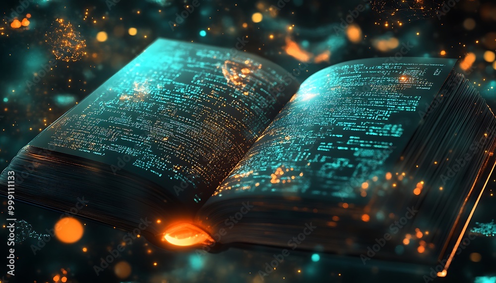 Aufkleber Abstract Digital Book with Holographic Pages and Machine Learning Diagrams in Glowing Data Space