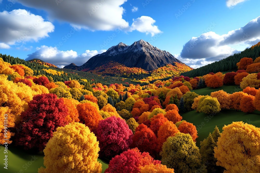 Poster digital 3d rendering of an autumn mountain landscape, where users can explore a fully interactive vi