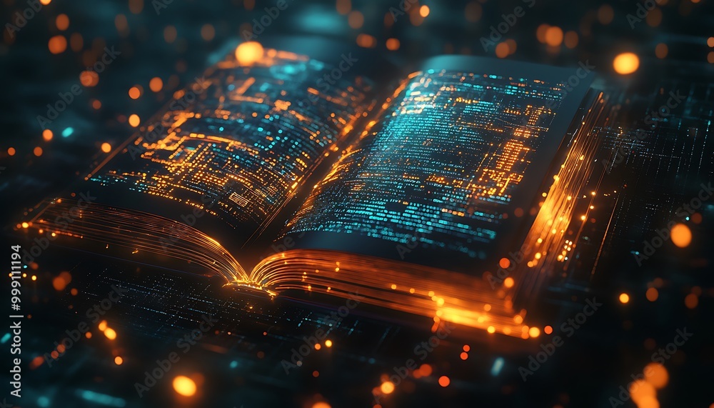 Aufkleber Abstract Digital Book with Holographic Pages and Machine Learning Diagrams in Glowing Data Space