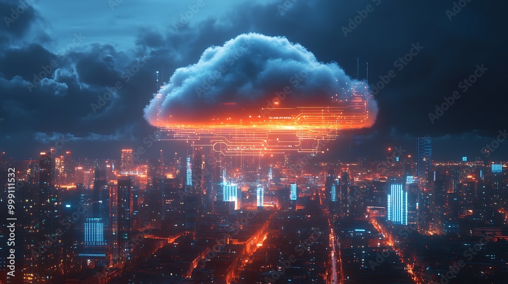 Poster Futuristic Cloud Above City Skyline with Glowing Data Streams Representing Integrated Cloud Computing