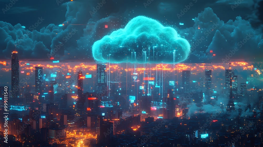 Poster futuristic cloud above city skyline with glowing data streams representing integrated cloud computin