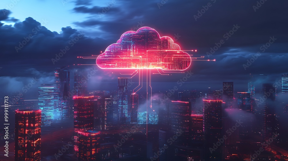 Poster Futuristic Cloud Above City Skyline with Glowing Data Streams Representing Integrated Cloud Computing