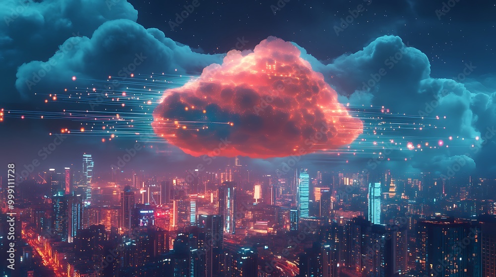 Poster futuristic cloud above city skyline with glowing data streams representing integrated cloud computin