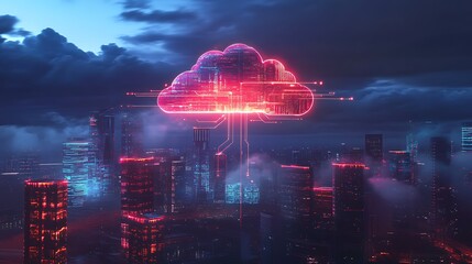 Futuristic Cloud Above City Skyline with Glowing Data Streams Representing Integrated Cloud Computing