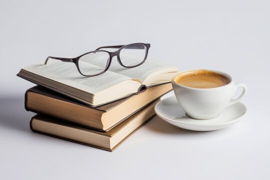 cup of coffee and books and glasses on white table - Powered by Adobe