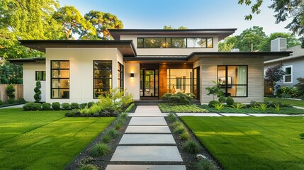 Obraz premium Modern White House with Lush Green Lawn and Stone Pathway