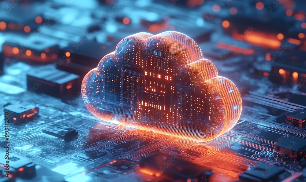 Aufkleber Concept of Cloud Computing Visualized as Glowing Cloud with Circuits and Data Nodes