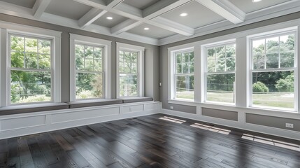 White windows, gray walls, dark wood floors, window seat, beamed white ceiling, large sunroom, home decor style.