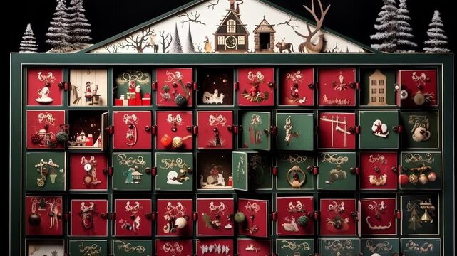 Festive advent calendar with some doors open revealing small wooden christmas figurines depicting winter scenes and characters
