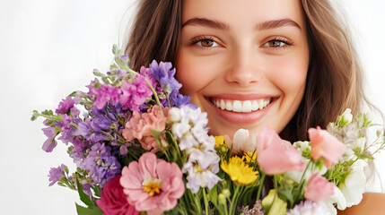 Naklejka premium Woman Smiling with Bouquet of Flowers on White Background