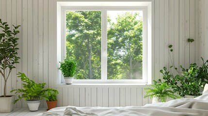 Fototapeta premium White wooden window, green trees outside, modern country house, bedroom scene, potted plants near bed.