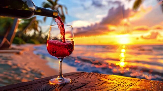 Pouring red wine into glass on wooden table on the tropical beach at sunrise. Trip, travel and vacation theme