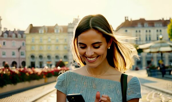 Belgian Woman Smiling While Using Mobile Phone in Paris
