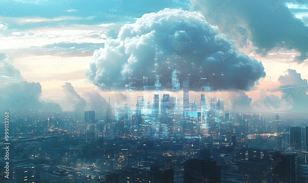 Poster Digital Cloud Above City with Data Streams Flowing into Buildings Representing Cloud Computing Integration
