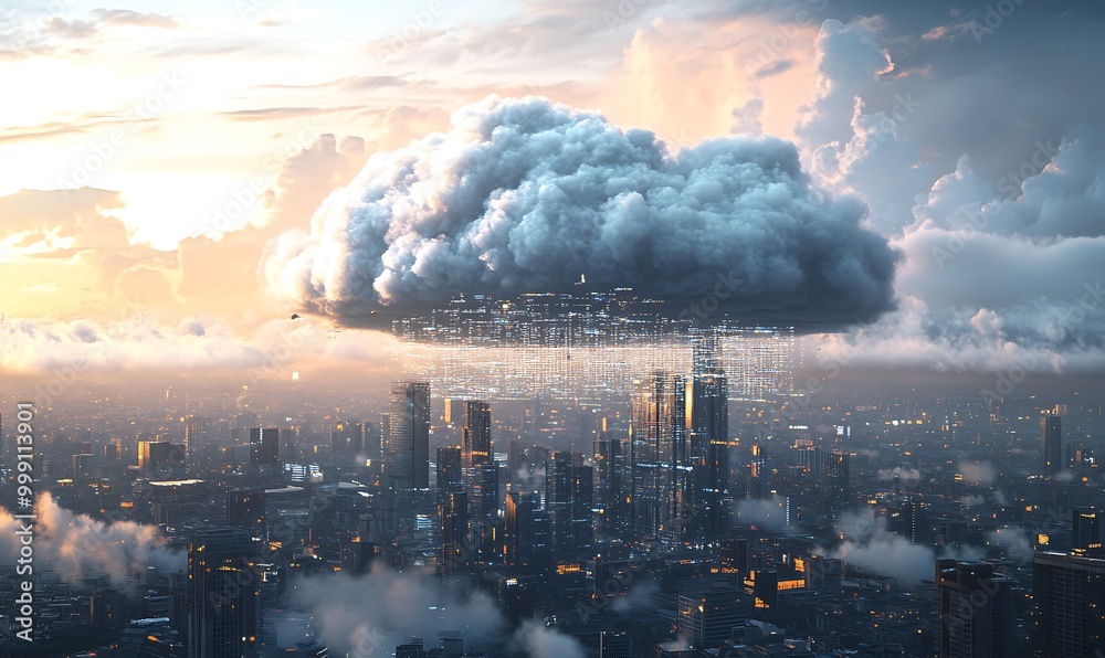 Poster Digital Cloud Above City with Data Streams Flowing into Buildings Representing Cloud Computing Integration