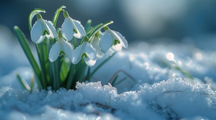 Snowdrop Flowers Emerging from Winter Snow