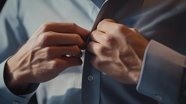 Close-Up of Man Buttoning Shirt