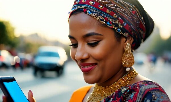 Joyful Senegalese Woman Smiling and Using Mobile Phone in Cape Town
