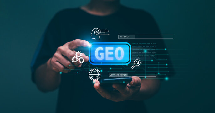 Generative Engine Optimization (GEO) concept. Businessman use generative engine optimization on smartphone for view search results from internet network. Ai smart search.