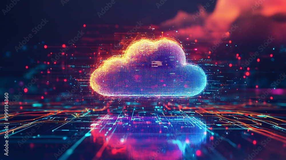 Poster Futuristic Cloud Computing Concept with Data Lines Connecting Global Network of Devices