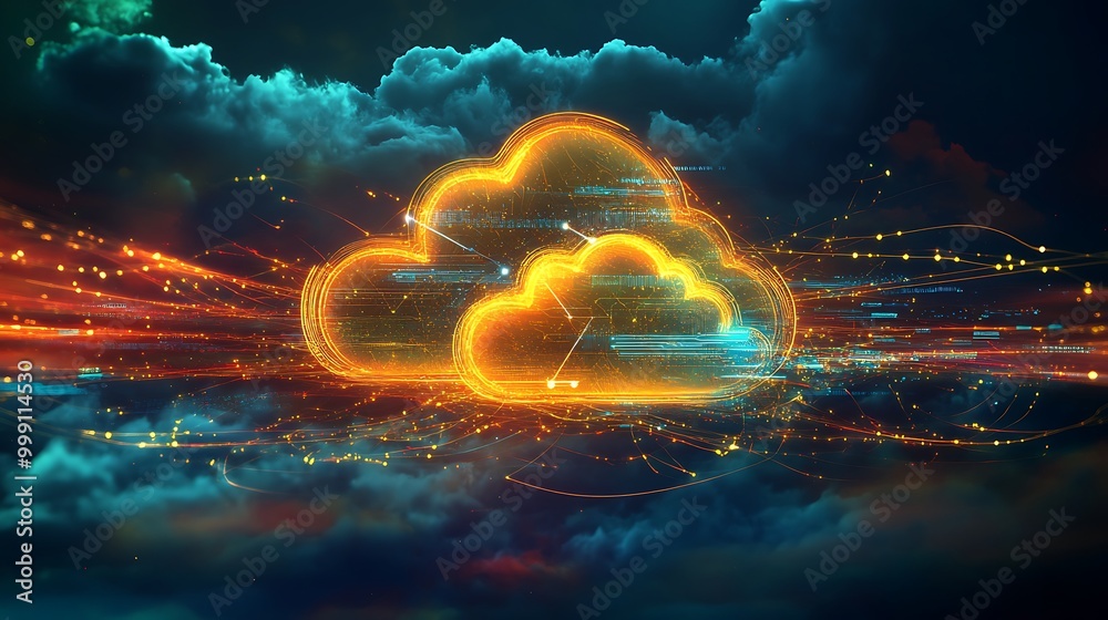Leinwandbilder Futuristic Cloud Computing Concept with Data Lines Connecting Global Network of Devices