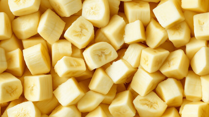 a close-up, top-down view of diced bananas spread across the entire frame, filling the image with their soft yellow color and smooth texture in uniform cubes