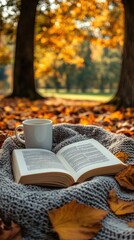 Book and coffee cup on plaid blanket in a peaceful autumn forest