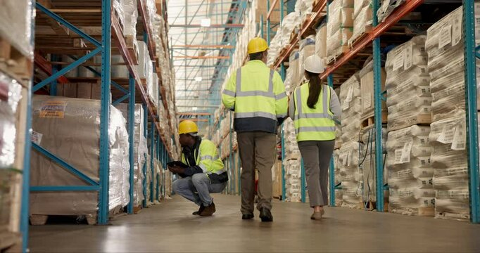 Warehouse logistics, people and fist pump for team building stock inspection and safety check. Supply chain, employees and inventory management with hello greeting for transportation and storage