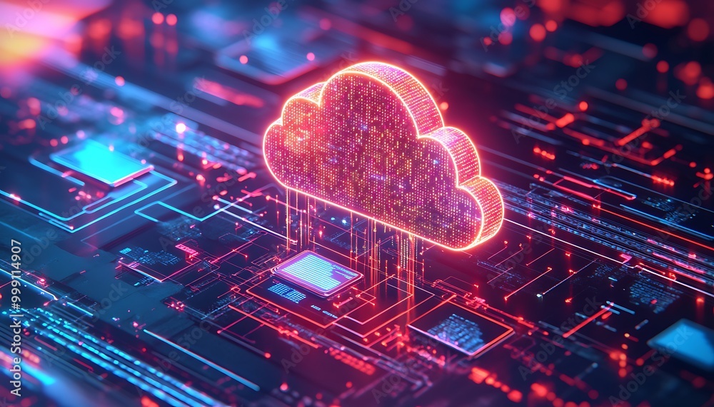 Poster Glowing Cloud with Data Flow Connecting Servers, Laptops, and Mobile Devices Symbolizing Integrated Systems