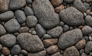 Gleichmäßige Komposition aus Flusskieseln in sanften Grau- und Brauntönen – Eine strukturierte Anordnung von Steinen, die verschiedene natürliche Texturen und Farben vereint