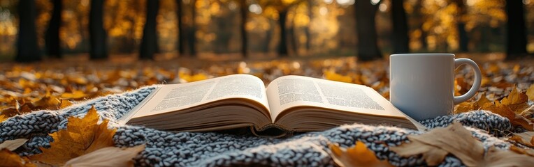 Fototapeta premium Book and coffee cup on plaid blanket in a peaceful autumn forest