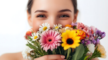 Naklejka premium Woman Smiling with Bouquet of Flowers on White Background