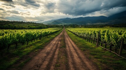 Fototapeta premium A long dirt road winds through a vineyard, leading towards distant mountains under a dramatic sky.