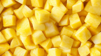 a close-up, top-down view of diced pineapples spread across the entire frame, filling the image with their bright yellow color and fibrous texture in uniform cubes