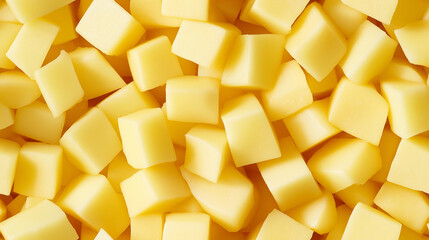 a close-up, top-down view of diced potatoes spread across the entire frame, filling the image with their pale yellow color and uniform cubes