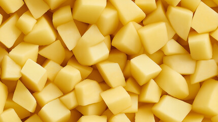 a close-up, top-down view of diced potatoes spread across the entire frame, filling the image with their pale yellow color and uniform cubes