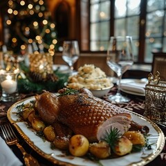 Roasted Goose with Potatoes and Green Garnish