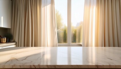 Fototapeta premium Beige marble table top on window background with curtains in kitchen. Concrete empty countertop for beauty products and food presentation. Stand with sunlight. room with window