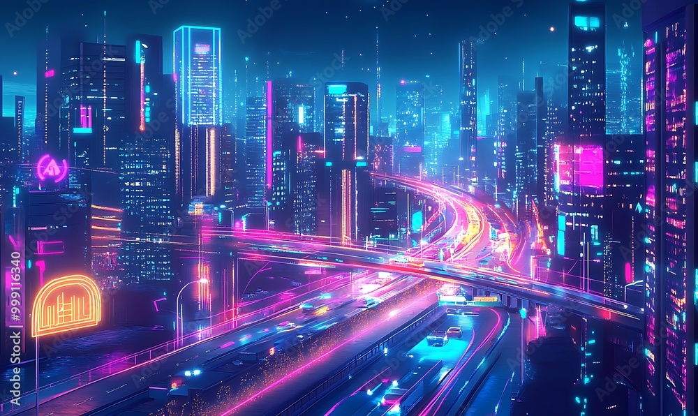 Poster futuristic smart city with glowing digital networks connecting buildings and infrastructure