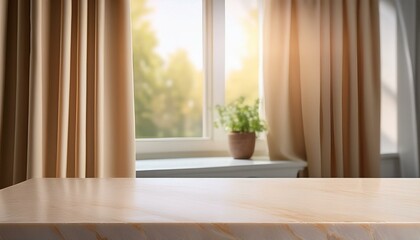 Beige marble table top on window background with curtains in kitchen. Concrete empty countertop for beauty products and food presentation. Stand with sunlight. room with window