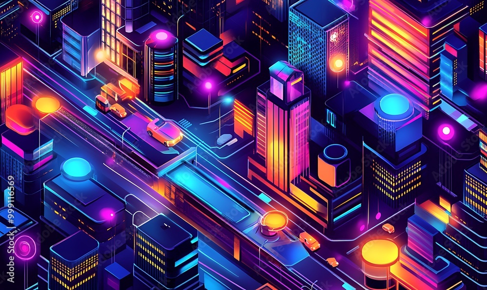 Poster futuristic smart city with glowing digital networks connecting buildings and infrastructure