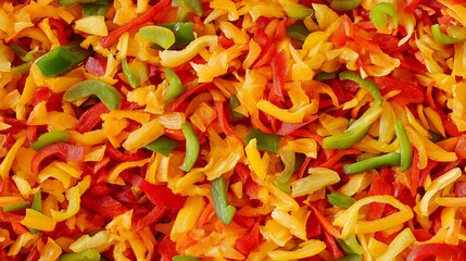 a close-up, top-down view of shredded bell peppers spread across the entire frame, filling the image with vibrant red, yellow, and green colors and fine, delicate textures