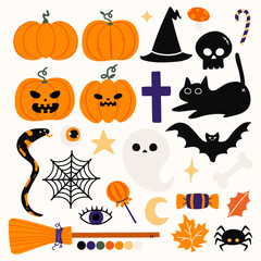 A playful collection of Halloween-themed icons, featuring spooky elements like jack-o'-lanterns, ghosts, bats, and candy in a fun, cartoon style