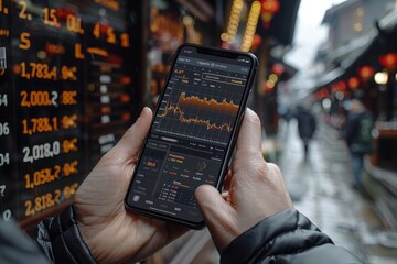 Stock market analysis  individual using smartphone to monitor stock price trends and broker insights