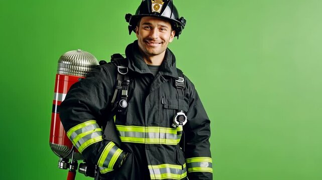 Confident firefighter is standing in front of a green screen background, wearing full protective gear, ready for any emergency situation